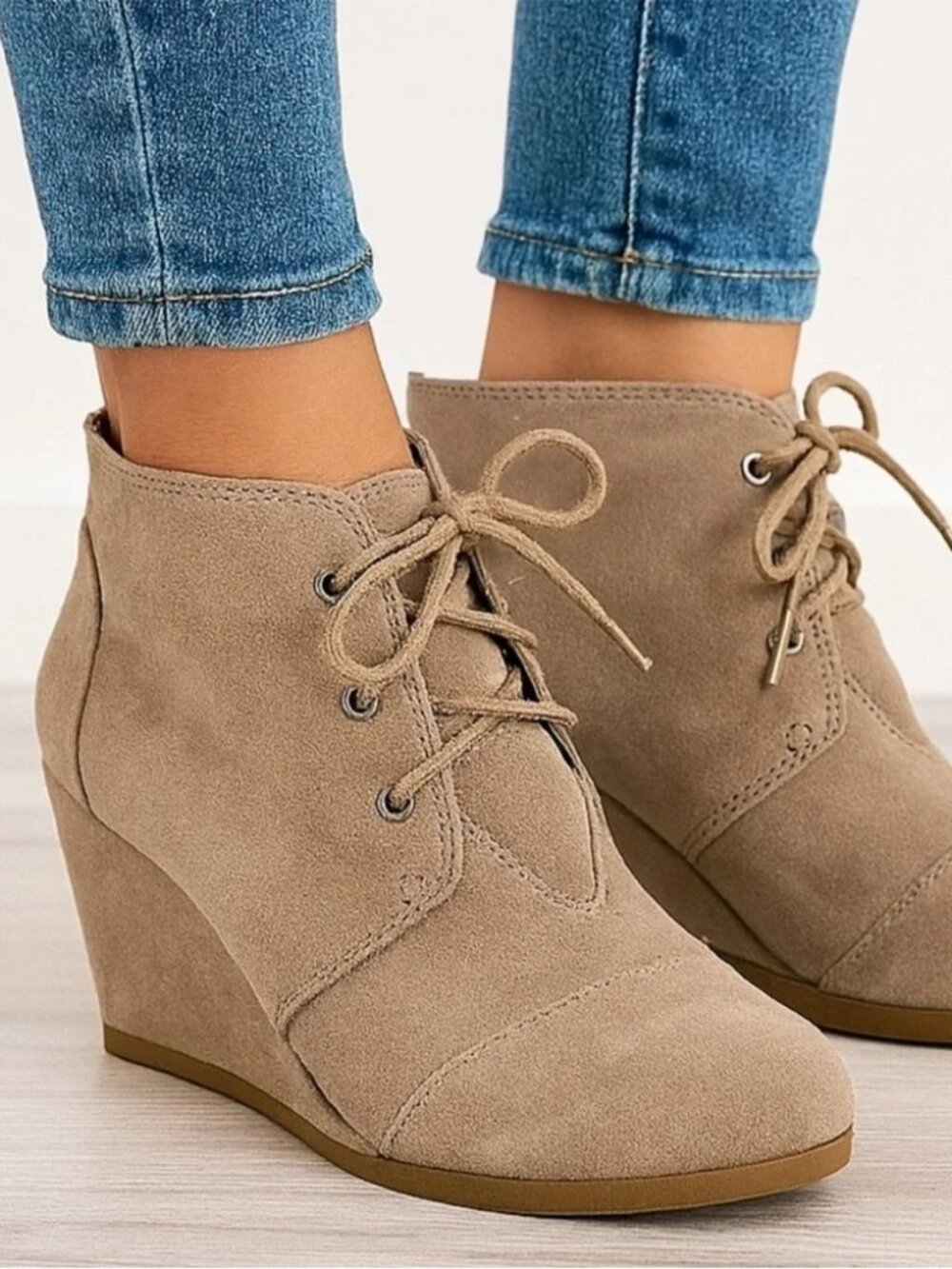 Toms Taupe Suede Lace-Up Wedge Ankle Booties